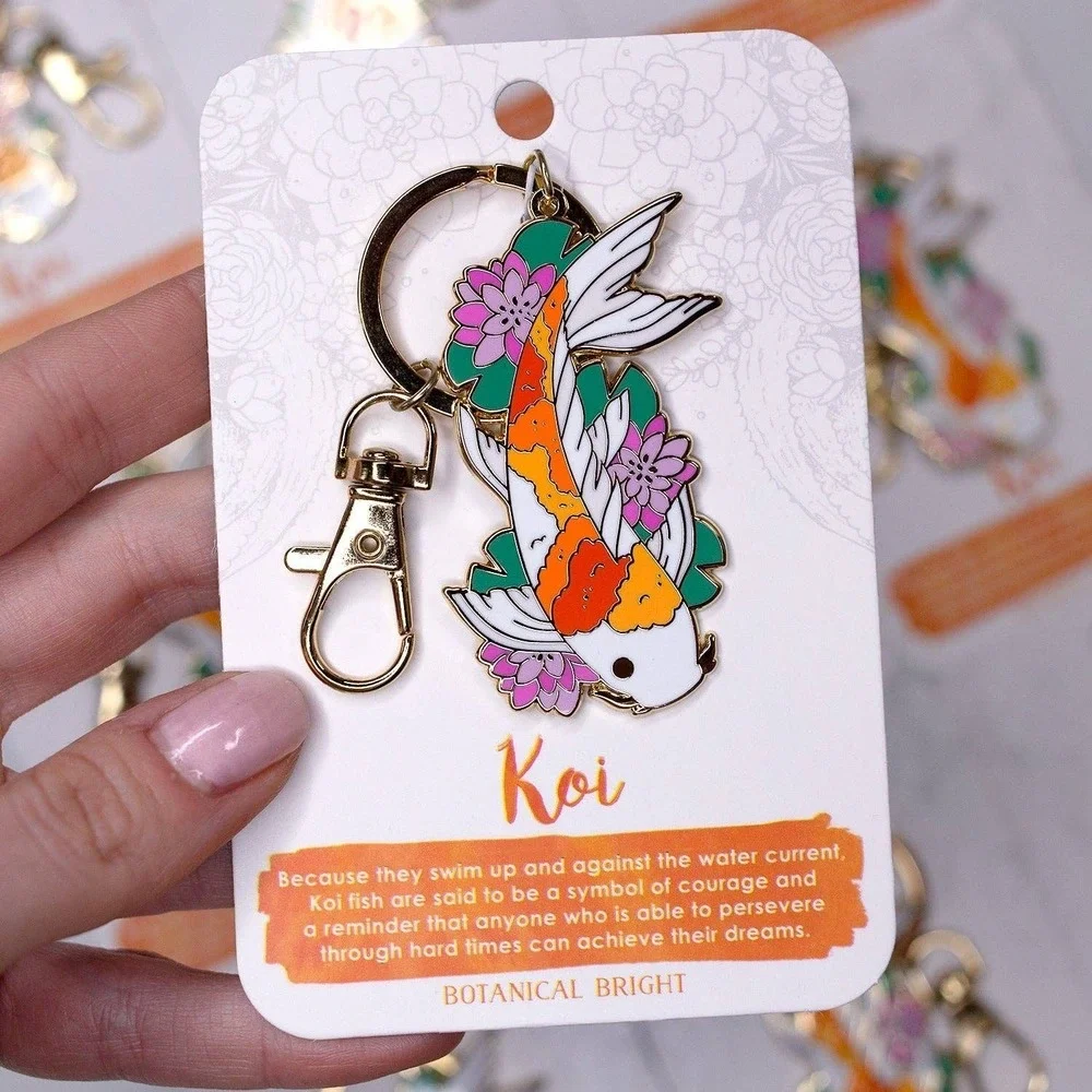 Koi Fish & Lily Pad Enamel Keychain with Key Clip - Gold Plated Nature Accessory